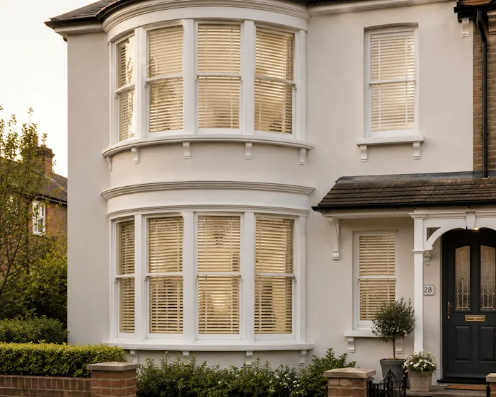 Front of house with coordinated bay window blinds